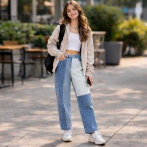 Hollister Curvy High-Rise Mom Jeans Patchwork Two-Tone Blue W27 L27